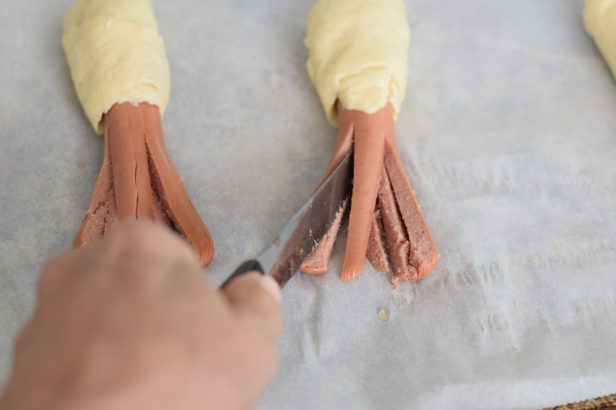 cutting slits in octopus hot dogs